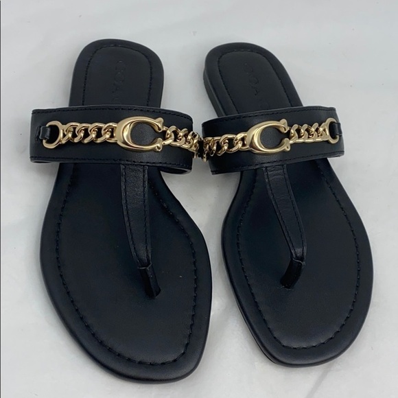 Coach Sz 5.5 Black Leather w/Gold logo Sandals - Picture 1 of 5